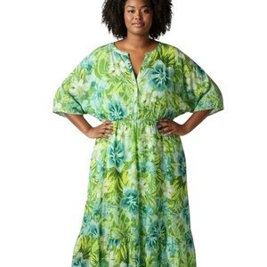 BEAUTIFUL Lawrence Zorian 1X Maxi Dress Tropical Floral Resort Caftan Cruise